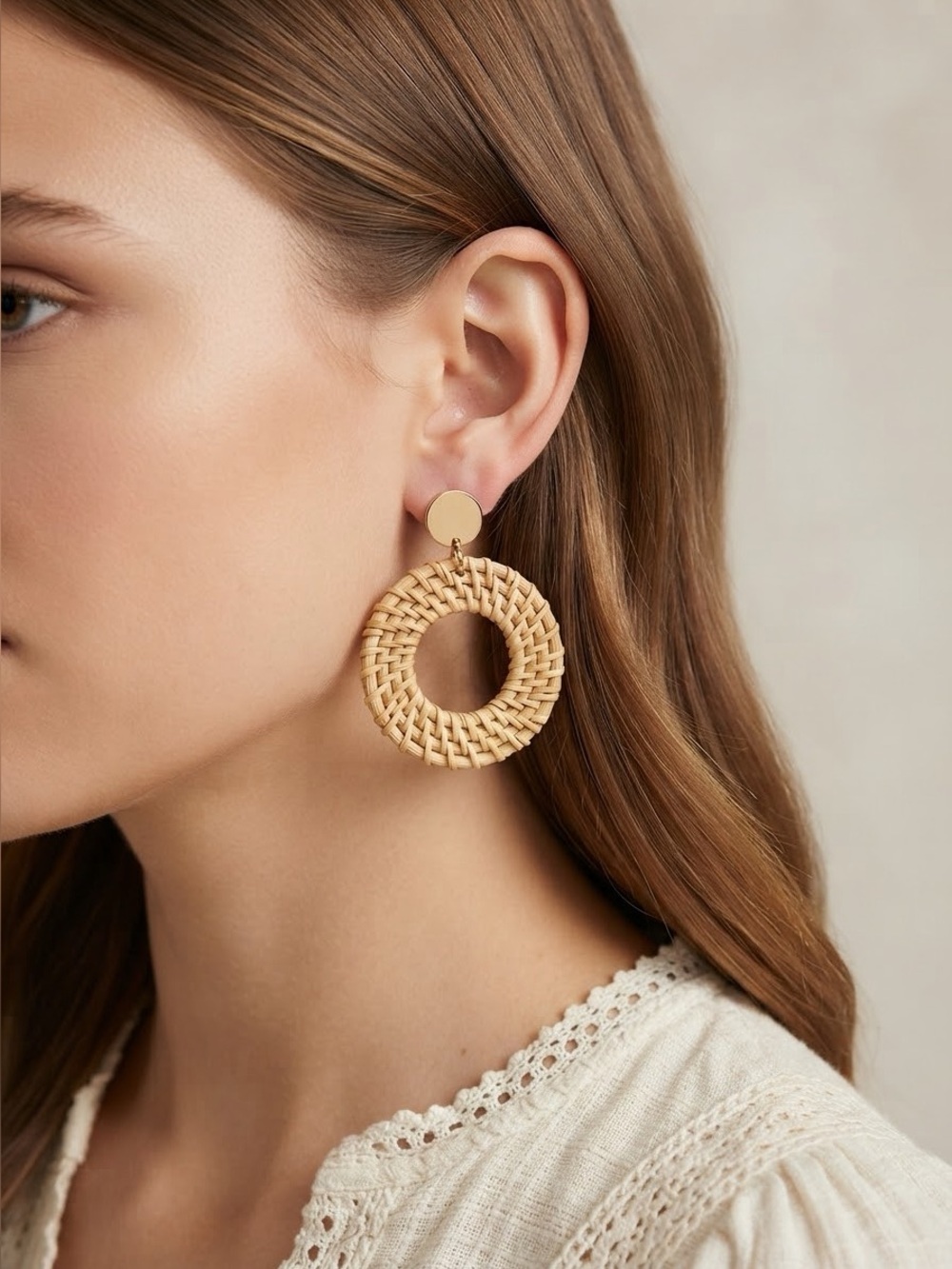 Boho Woven Rattan Hoop Earrings | Gold Tone Lightweight Summer Statement